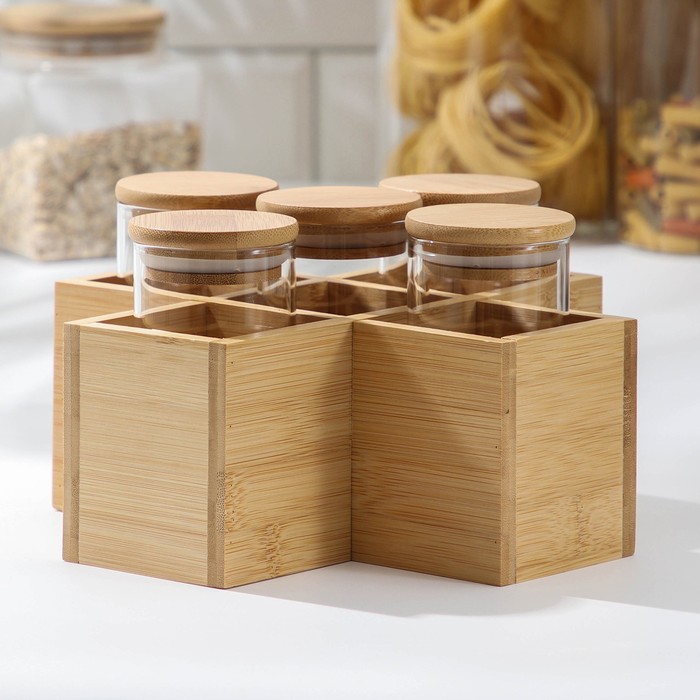 Набор банок для сыпучих продуктов «Эко», 300 мл, на подставке, 5 шт 
Набор банок для сыпучих продуктов «Эко», 300 мл, на подставке, 5 шт