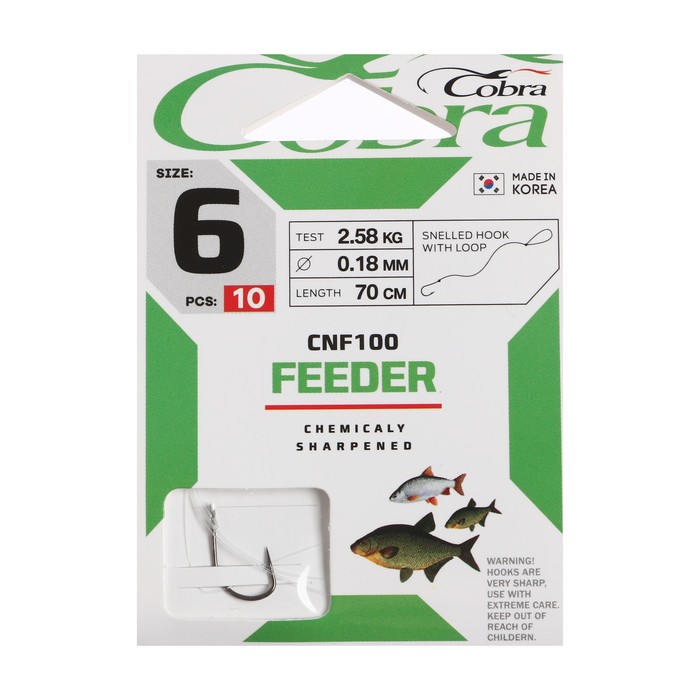 фото Крючки cobra feeder, № 6, 10 шт., с поводком 70 см, 0.18 мм