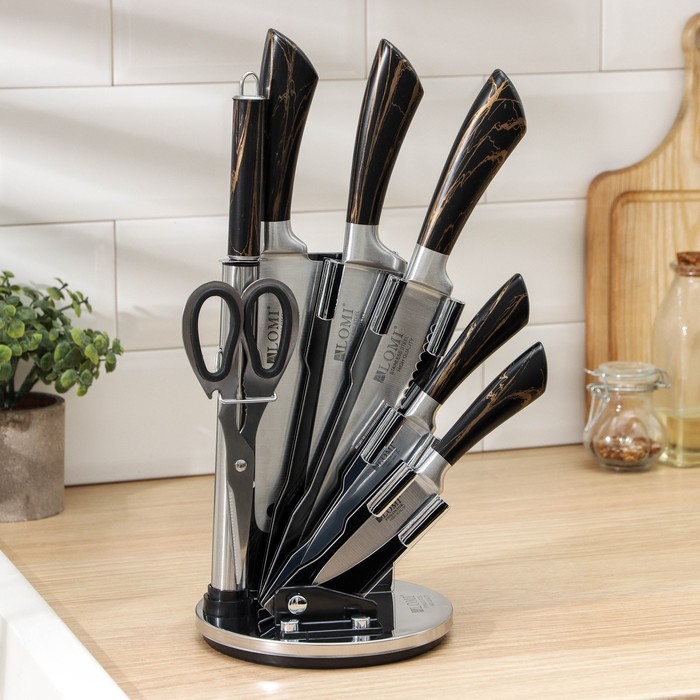 Набор ножей на подставке «Молния», 5 шт, в комплекте с ножницами и мусатом, цвет чёрный
Набор ножей на подставке «Молния», 5 шт, в комплекте с ножницами и мусатом, цвет чёрный