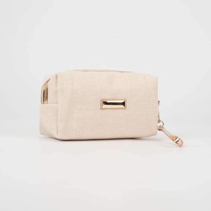 фото Косметичка дор l-б/н рогожка, 18*8*10, отд на молнии, с ручкой, бежевый