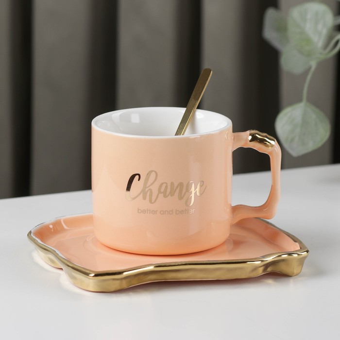фото Чайная пара с ложкой «изменение», чашка 8×7 см, 230 мл, блюдце, цвет микс