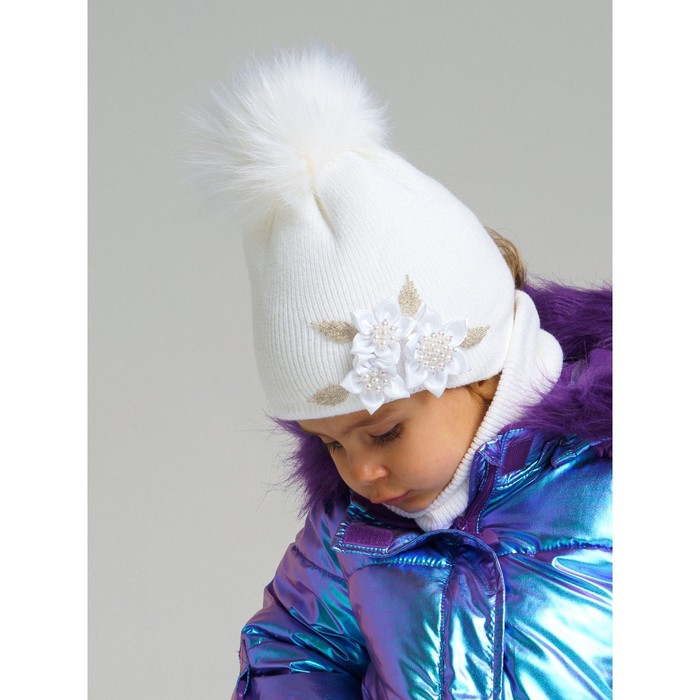 фото Комплект детский вязаный для девочки: шапка и снуд, размер 48, цвет белый playtoday