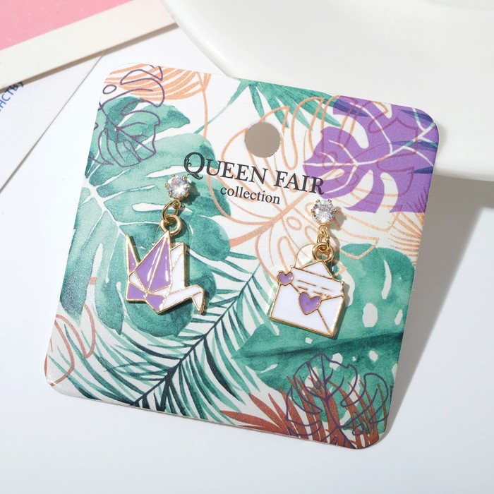 Серьги эмаль "Оригами" письмо, цвет бело-фиолетовый в золоте