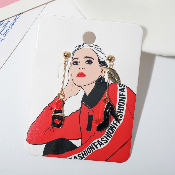 Серьги эмаль "Помада и туфелька" дамочка, цвет красно-чёрный в золоте 
Серьги эмаль "Помада и туфелька" дамочка, цвет красно-чёрный в золоте