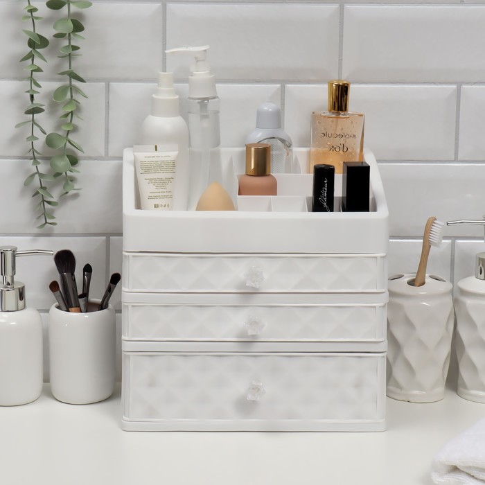 Органайзер для хранения маникюрных/косметических принадлежностей, 8 секций, 3 выдвижных ящика, 24,5 × 16 × 25 см, цвет белый
Органайзер для хранения маникюрных/косметических принадлежностей, 8 секций, 3 выдвижных ящика, 24,5 × 16 × 25 см, цвет белый
