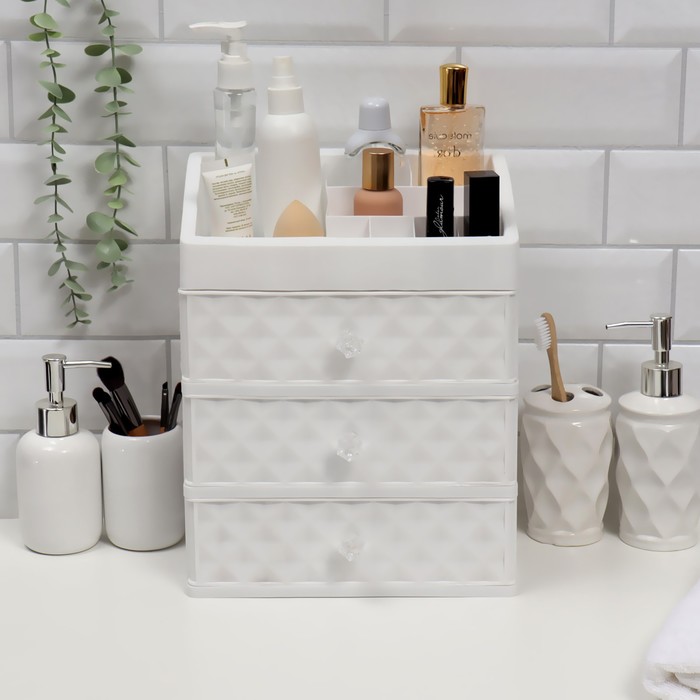 Органайзер для хранения маникюрных/косметических принадлежностей, 8 секций, 3 выдвижных ящика, 25 × 16,5 × 30 см, цвет белый
Органайзер для хранения маникюрных/косметических принадлежностей, 8 секций, 3 выдвижных ящика, 25 × 16,5 × 30 см, цвет белый