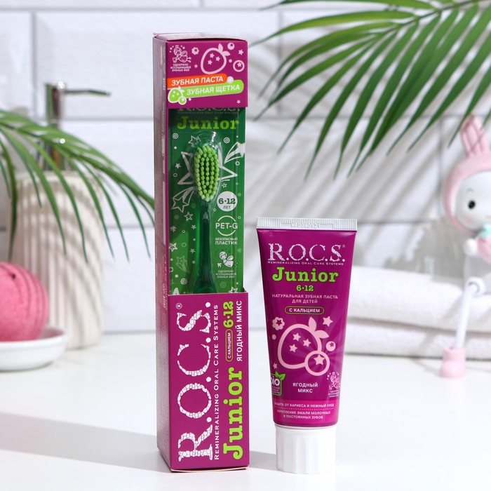 Набор R.O.C.S Junior ,зубная паста Ягодный Микс 74 гр + зубная щетка