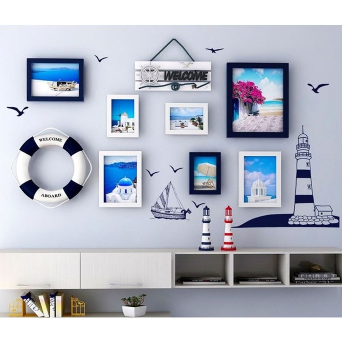 Фоторамка пластик на 7 фото+крючки+круг+наклейка "Маяк и корабль" сине-белые набор 70х108 см 73678 
Фоторамка пластик на 7 фото+крючки+круг+наклейка "Маяк и корабль" сине-белые набор 70х108 см 73678