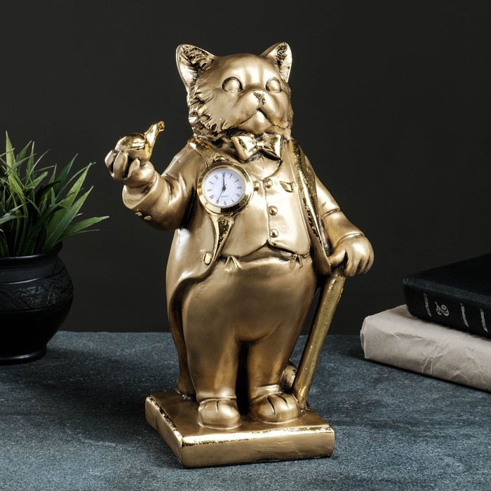 фото Фигура "кот во фраке с трубкой" с часами 32х20х14 см, бронза с позолотой хорошие сувениры