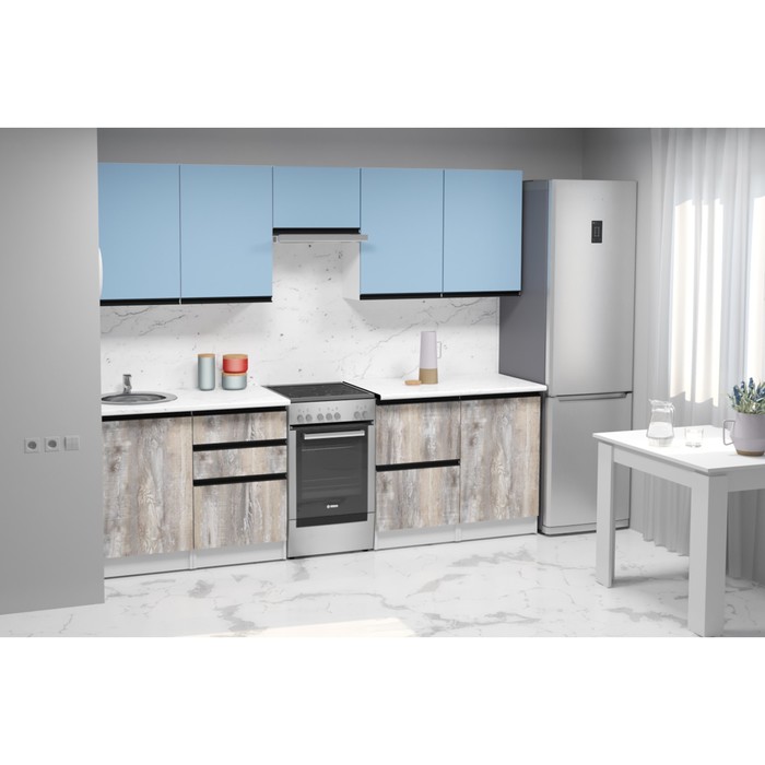 фото Кухонный гарнитур аквамарин экстра 2500х600 белый/мрамор марквина белый/капри/пайн экзотик