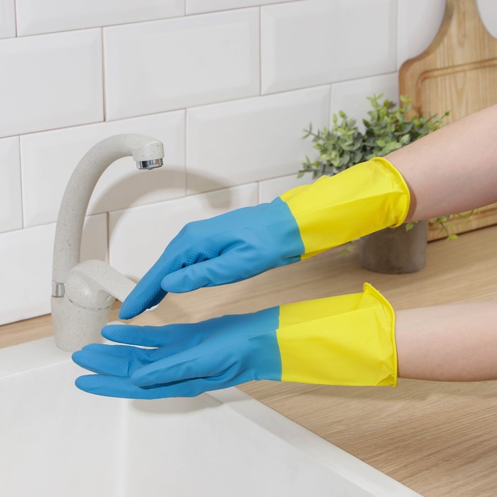 Перчатки латексные хозяйственные Komfi, размер S, цвет синий, жёлтый 
Перчатки латексные хозяйственные Komfi, размер S, цвет синий, жёлтый