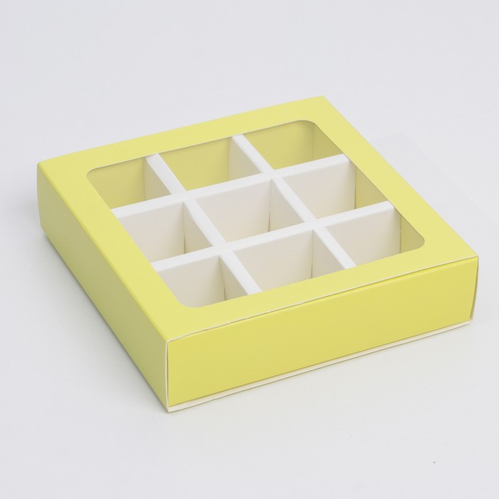 Коробка под 9 конфет с ячейками «Жёлтая» 14,5 х 14,5 х 3,5 см
Коробка под 9 конфет с ячейками «Жёлтая» 14,5 х 14,5 х 3,5 см