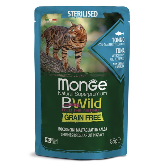 Влажный корм Monge Cat BWild GRAIN FREE sterilised для кошек, тунец/креветки/овощи, 85г
Влажный корм Monge Cat BWild GRAIN FREE sterilised для кошек, тунец/креветки/овощи, 85г