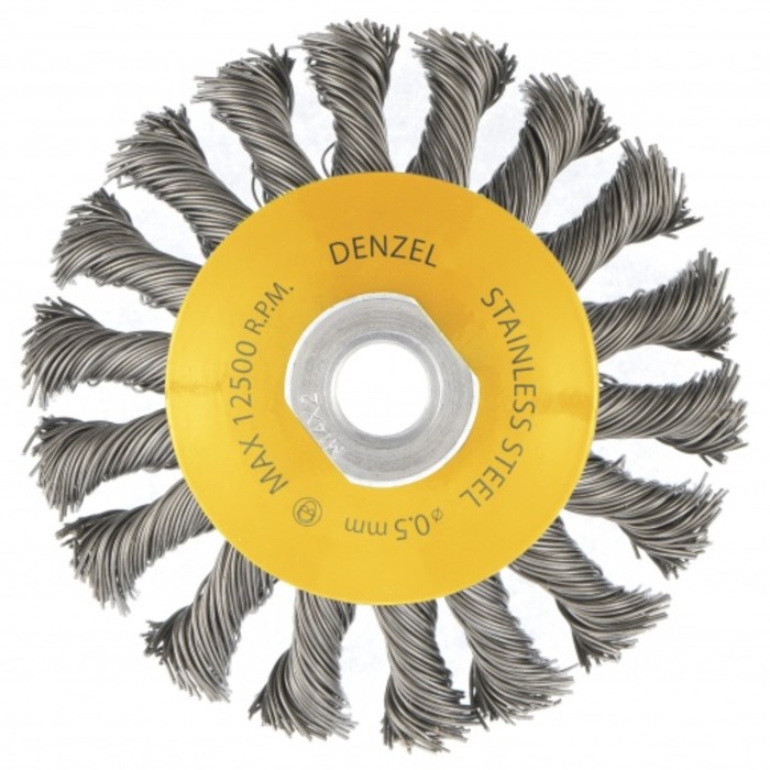 фото Щетка для ушм denzel, 100 мм, м14, тарелка, крученая нержавеющая проволока 0.5 мм
