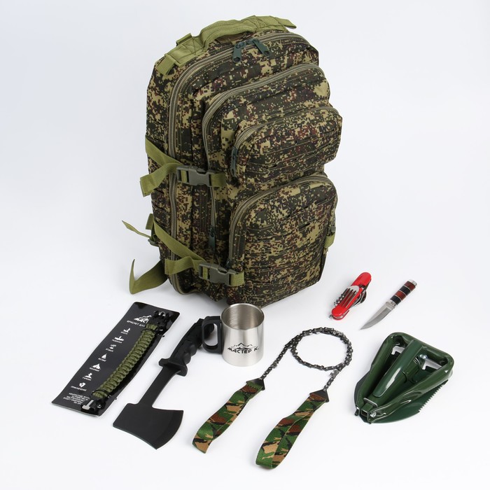 Набор "Рейд" 9 предметов: нож, приборы, топор, лопата, браслет, пила, хис, термокружка, рюкз
Набор "Рейд" 9 предметов: нож, приборы, топор, лопата, браслет, пила, хис, термокружка, рюкз