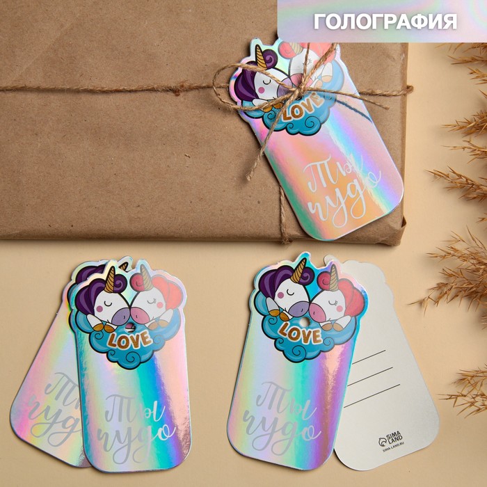 Открытка-шильдик на подарок «Единороги», голография 5,7 × 10 см
Открытка-шильдик на подарок «Единороги», голография 5,7 × 10 см