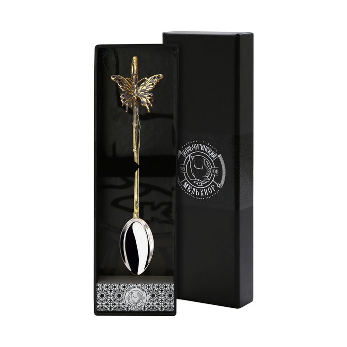фото Ложка для размешивания кофе «бабочка» с яблочком биметалл + футляр кольчугинский мельхиор