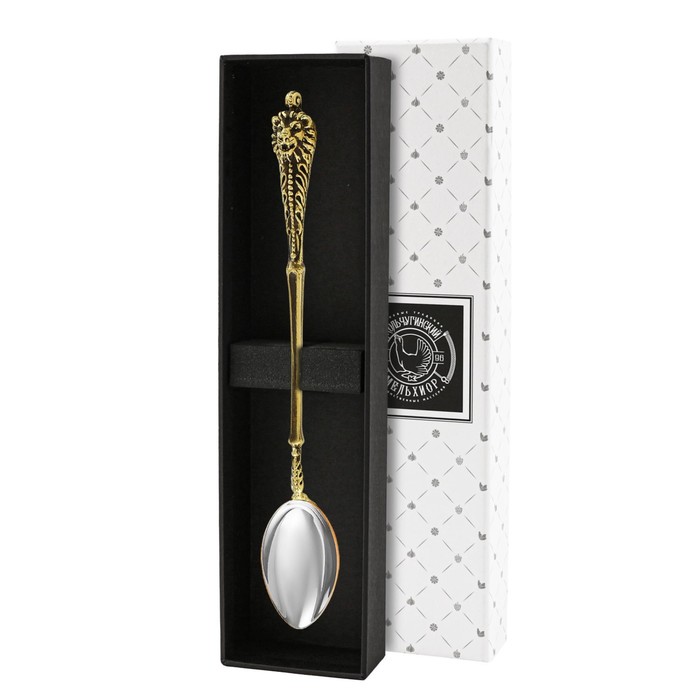 фото Ложка для размешивания кофе «лев» с яблочком биметалл + футляр кольчугинский мельхиор