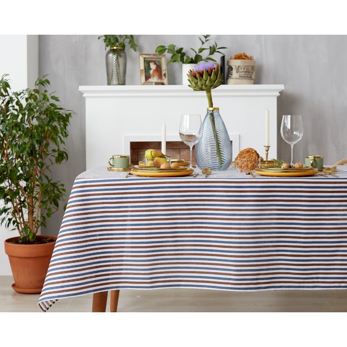 фото Скатерть доляна 145х145см, полоска цвет сине-коричневый, 100% п/э, рогожка, 200 гр/м