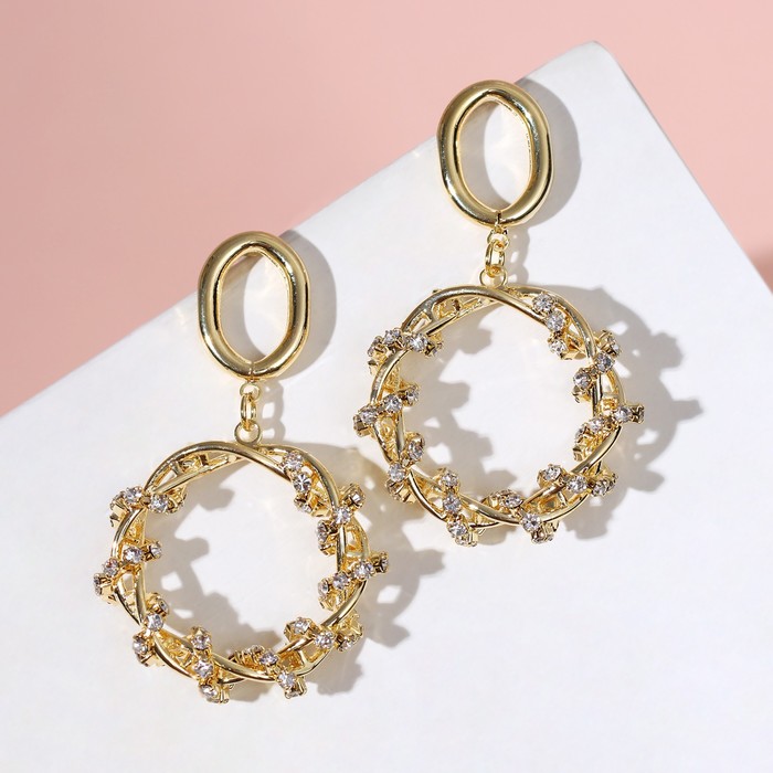 Серьги со стразами "Венок" лоза, цвет белый в золоте