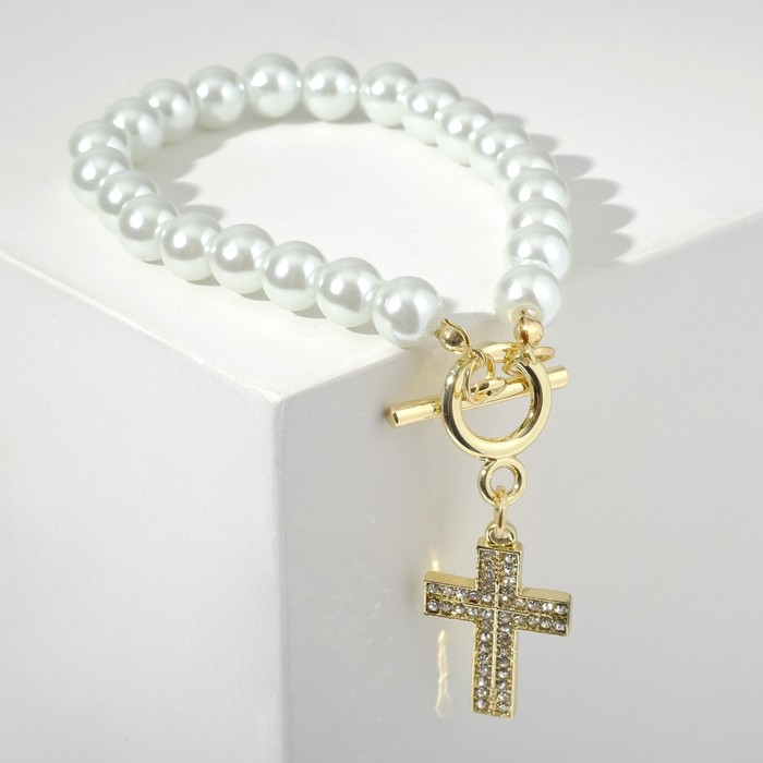 Браслет жемчуг "Крестик" с колечком, цвет белый в золоте
Браслет жемчуг "Крестик" с колечком, цвет белый в золоте