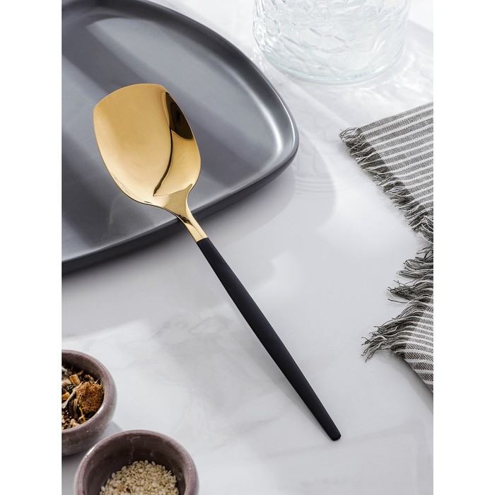 Лопатка из нержавеющей стали Magistro «Грэйс», h=26 см, цвет ручки чёрный, цвет головы золотой 
Лопатка из нержавеющей стали Magistro «Грэйс», h=26 см, цвет ручки чёрный, цвет головы золотой