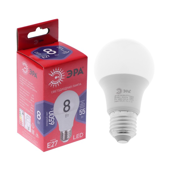 Лампа светодиодная ЭРА RED LINE LED, E27, 8 Вт, 6500 К, 640 Лм, груша, дневной холодный 
Лампа светодиодная ЭРА RED LINE LED, E27, 8 Вт, 6500 К, 640 Лм, груша, дневной холодный