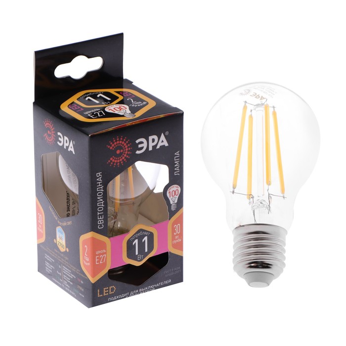 Лампа светодиодная ЭРА "Филамент" F-LED, Е27, 11 Вт 2700 К, 1025 Лм, груша, теплый белый 
Лампа светодиодная ЭРА "Филамент" F-LED, Е27, 11 Вт 2700 К, 1025 Лм, груша, теплый белый