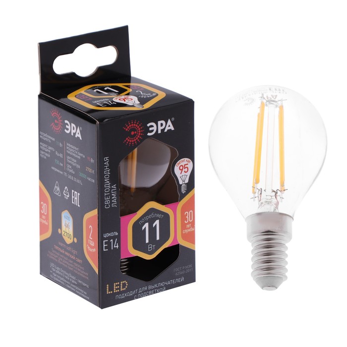 Лампа светодиодная ЭРА "Филамент" F-LED, Е14, 11 Вт 2700 К, 930 Лм, шар, теплый белый
Лампа светодиодная ЭРА "Филамент" F-LED, Е14, 11 Вт 2700 К, 930 Лм, шар, теплый белый