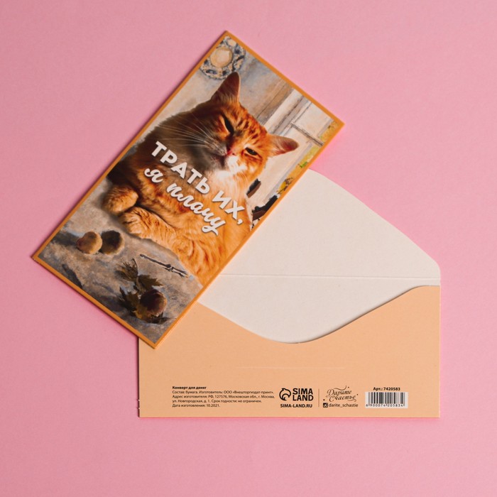 Конверт для денег «Трать, я плачу», кот, 16,5 × 8 см
Конверт для денег «Трать, я плачу», кот, 16,5 × 8 см