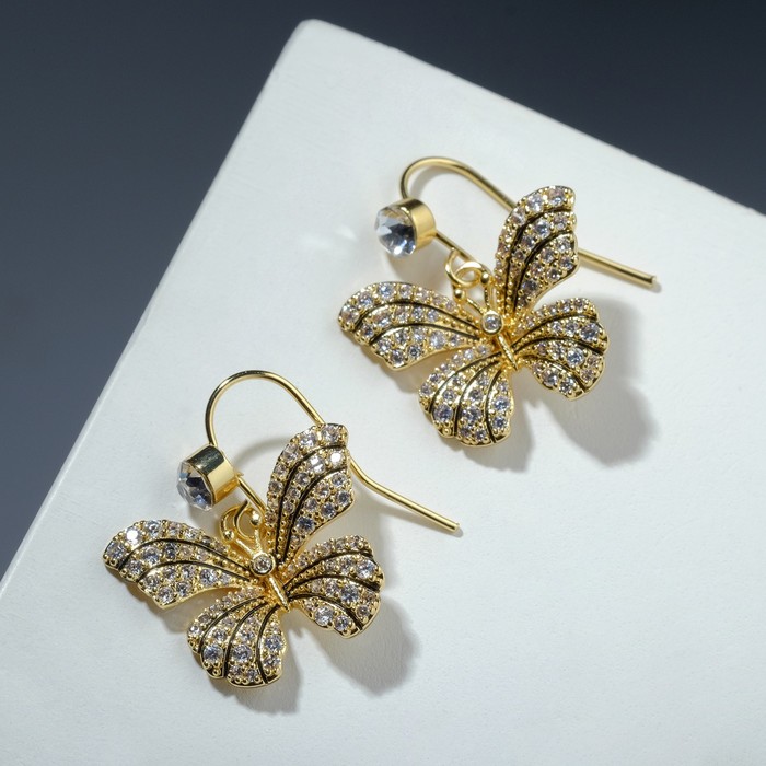 Серьги со стразами "Бабочки" полосатые на бусине, цвет чёрно-белый в золоте