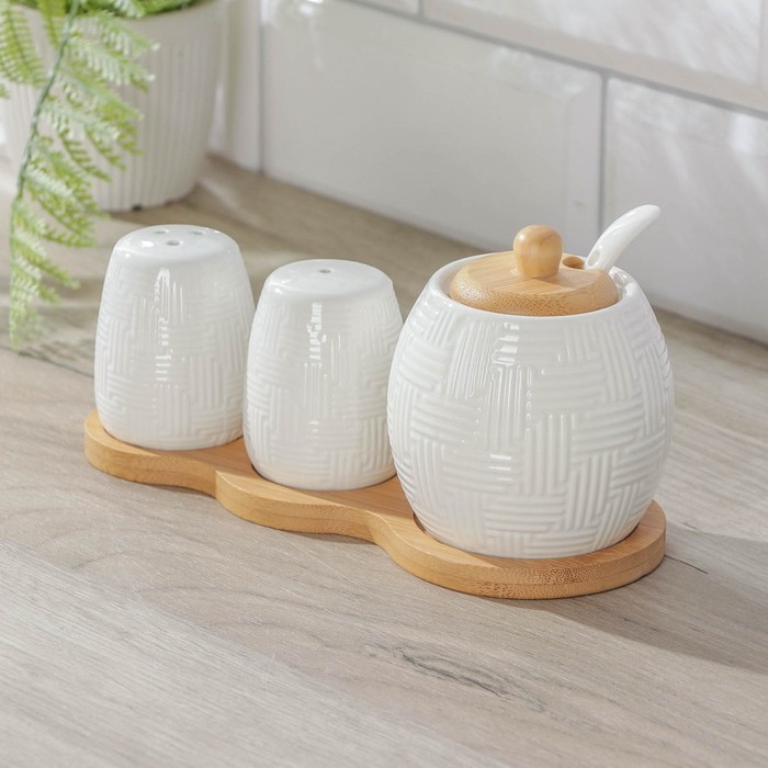 фото Набор для специй на деревянной подставке «эстет», 3 предмета: солонка, перечница, сахарница с ложкой