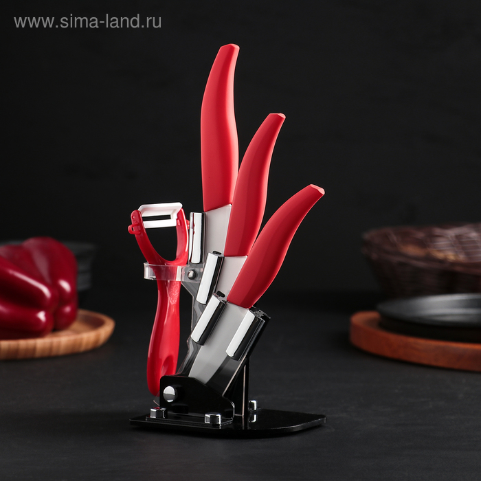 Набор кухонный на подставке «Вишня», 4 предмета: ножи 8 см, 10 см, 13 см, овощечистка, цвет красный
Набор кухонный на подставке «Вишня», 4 предмета: ножи 8 см, 10 см, 13 см, овощечистка, цвет красный