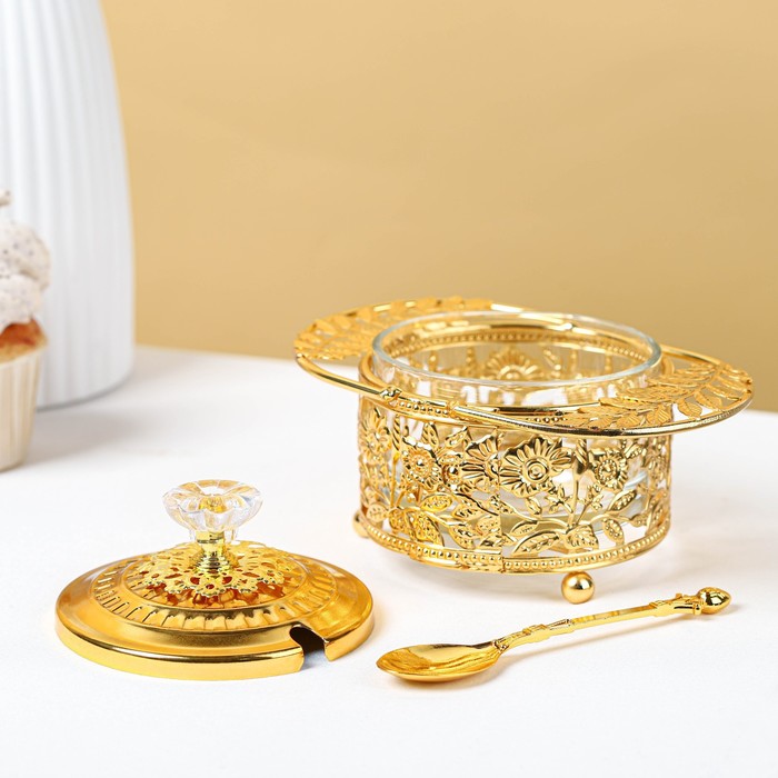 фото Сахарница «крылья», 200 мл, 16×10,5×11 см, с ложкой, цвет металла золотой