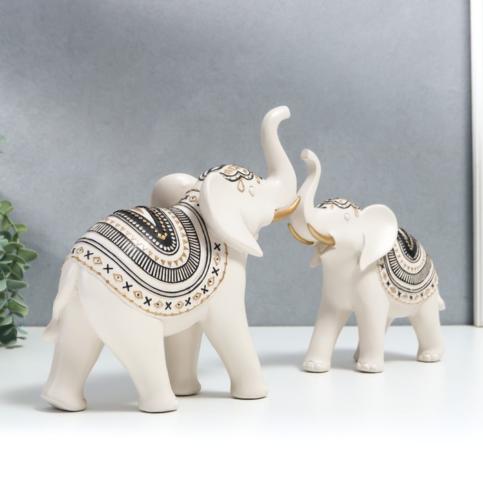 фото Сувенир полистоун "индийские белые слоны с узором на попоне" н-р 2шт 18х7х17 21,5х8,5х21 см 735554