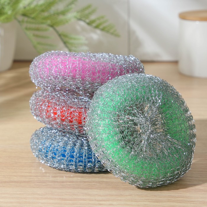фото Губка металлическая с пластиковым кольцом, плетёная, 20 г, цвет микс