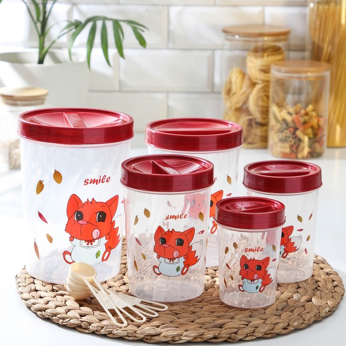 фото Набор банок для сыпучих «лиса», 5 шт, 13×18 см, 11,5×16 см, 10×14 см, 8×12 см, 7×10 см, с ложками, цвет микс