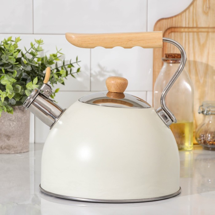 фото Чайник со свистком 2,5 л wood, бежевый, ручка дерево, индукция