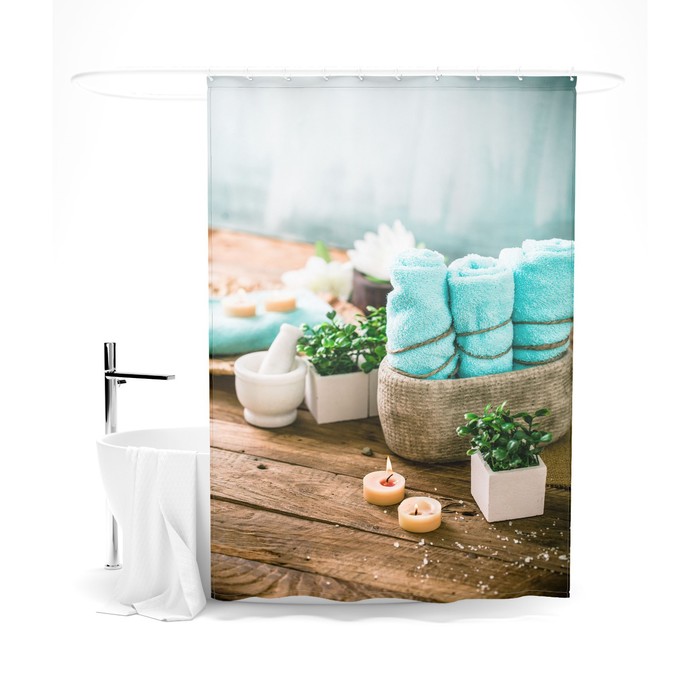 фото Шторка для ванной «сирень» «голубые полотенца», 145х180 см, цвет голубой