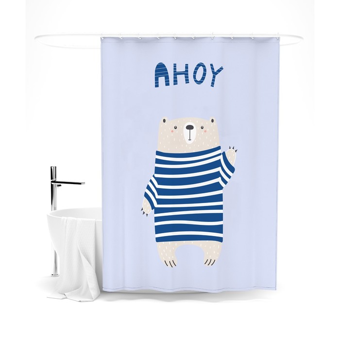 фото Шторка для ванной «сирень» «медвеженок в полосатом свитере», 145х180 см, цвет фиолетовый
