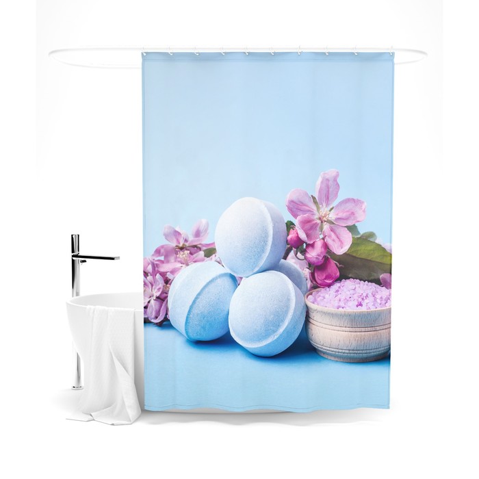 фото Шторка для ванной «сирень» «спа-шарики», 145х180 см, цвет голубой