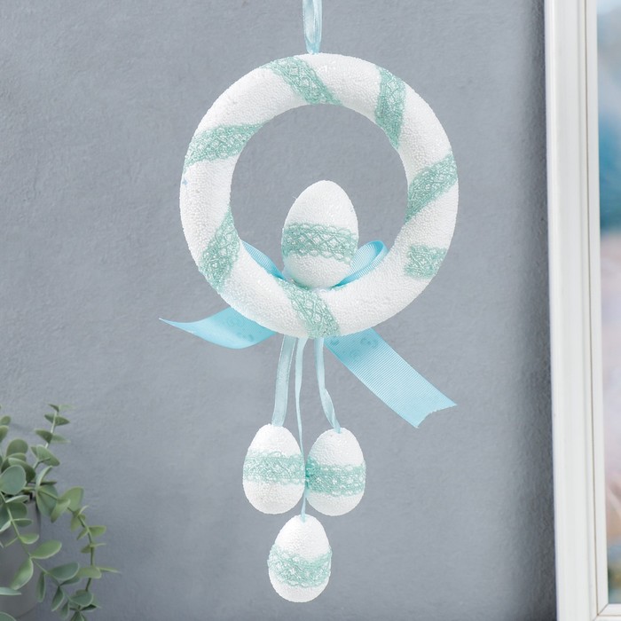 фото Декор пасхальный подвеска "веночек - яйцо с бантиком и цветком" голубой 16 см