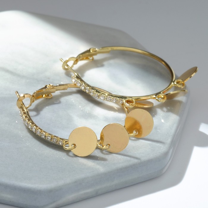 фото Серьги-кольца "монетки и стразы" висячие, цвет белый в золоте, d=3 queen fair