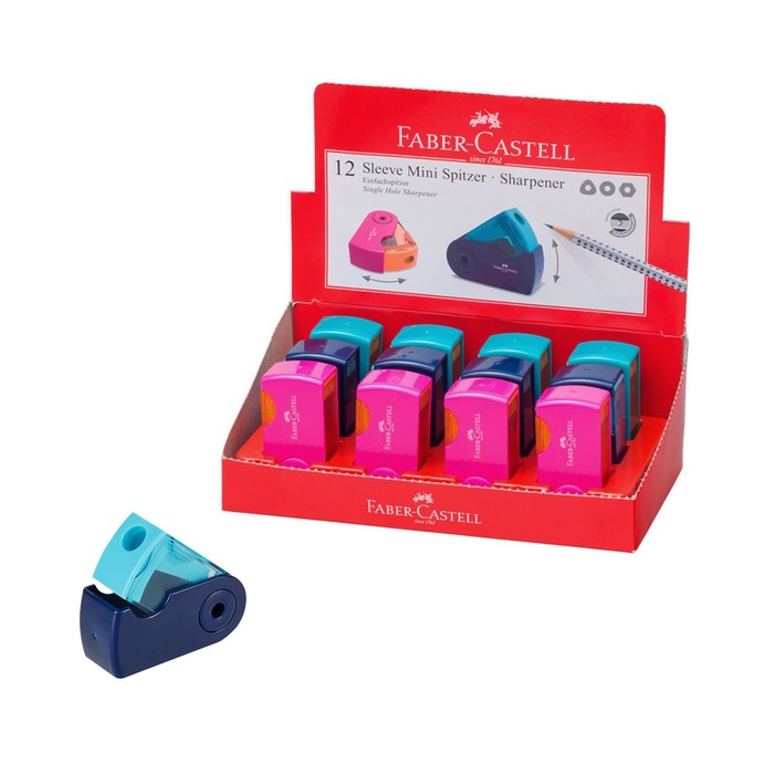 фото Точилка пластиковая faber-castell sleeve mini, 1 отверстие, контейнер, розов/оранж, бирюзов 752745
