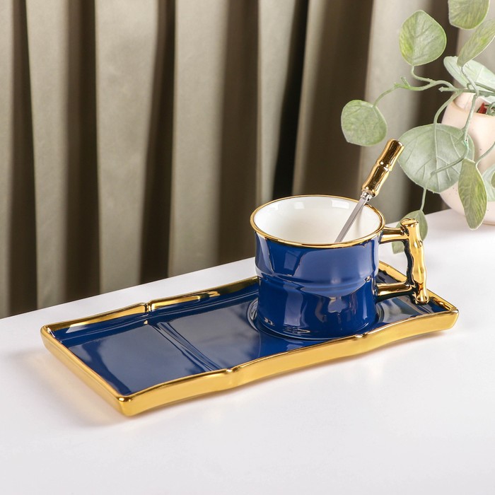 фото Чайная пара с ложкой «сладкая вата», 200 мл, блюдце 24×11 см, цвет синий