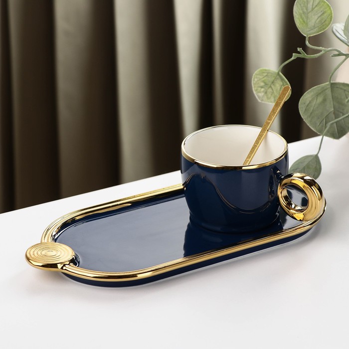 фото Чайная пара «акварель», чашка 200 мл, блюдце, ложка, цвет синий