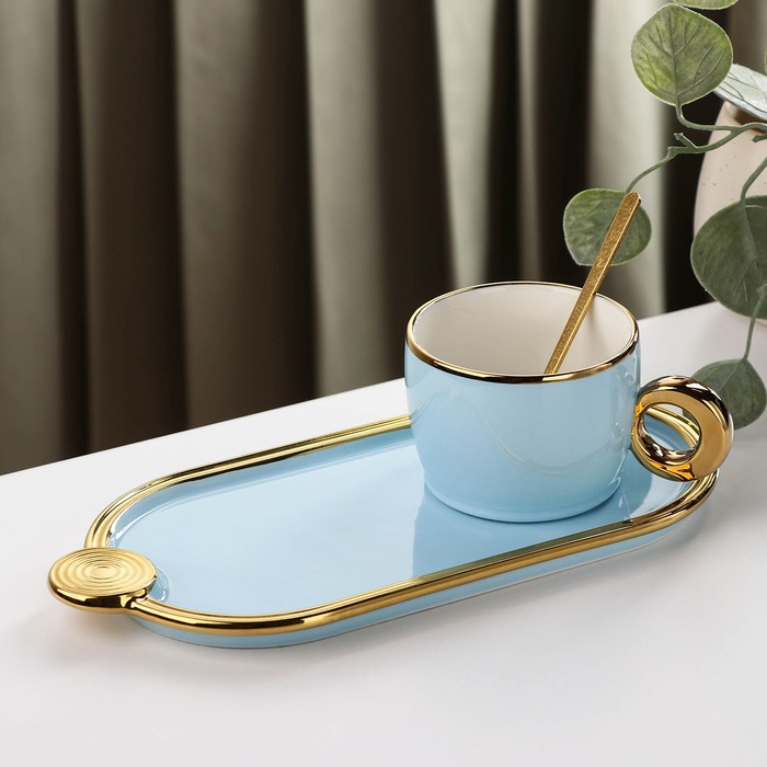 фото Чайная пара «акварель», чашка 200 мл, блюдце, ложка, цвет голубой