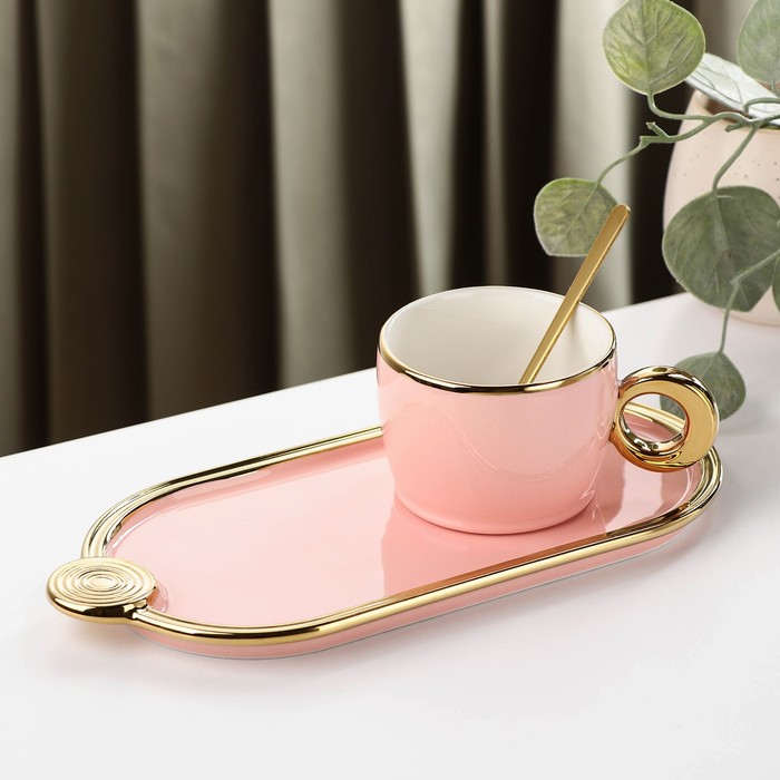 фото Чайная пара «акварель», чашка 200 мл, блюдце, ложка, цвет розовый