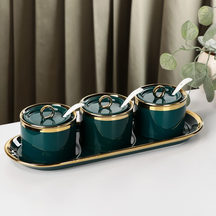 фото Набор банок на керамической подставке «акварель», 3 шт, с ложками, на подставке, цвет изумруд