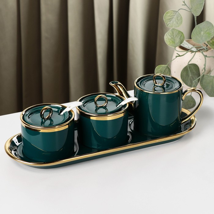 фото Набор сервировочный «акварель», 3 предмета, чайник, 2 сахарницы с ложкой, цвет изумруд